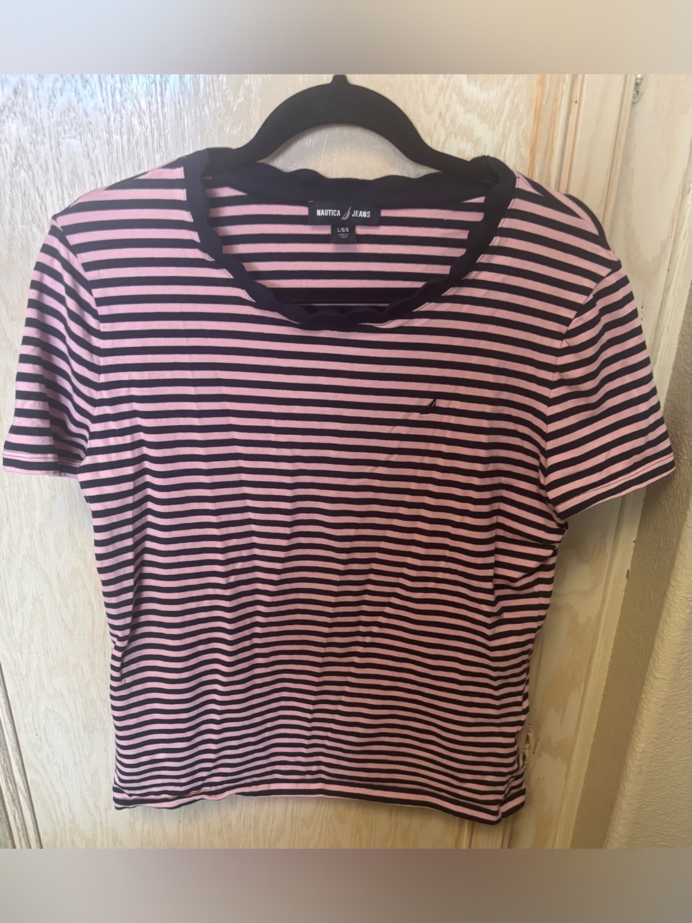 Nautica Jeans‎ T Shirt Striped Womens L Pink Blue Short Sleeve Scalloped Collar